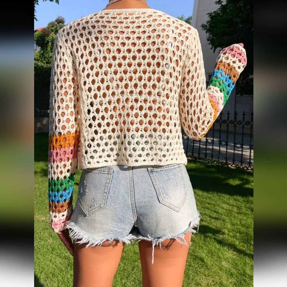 Crochet Knit Top with Colorful Sleeves